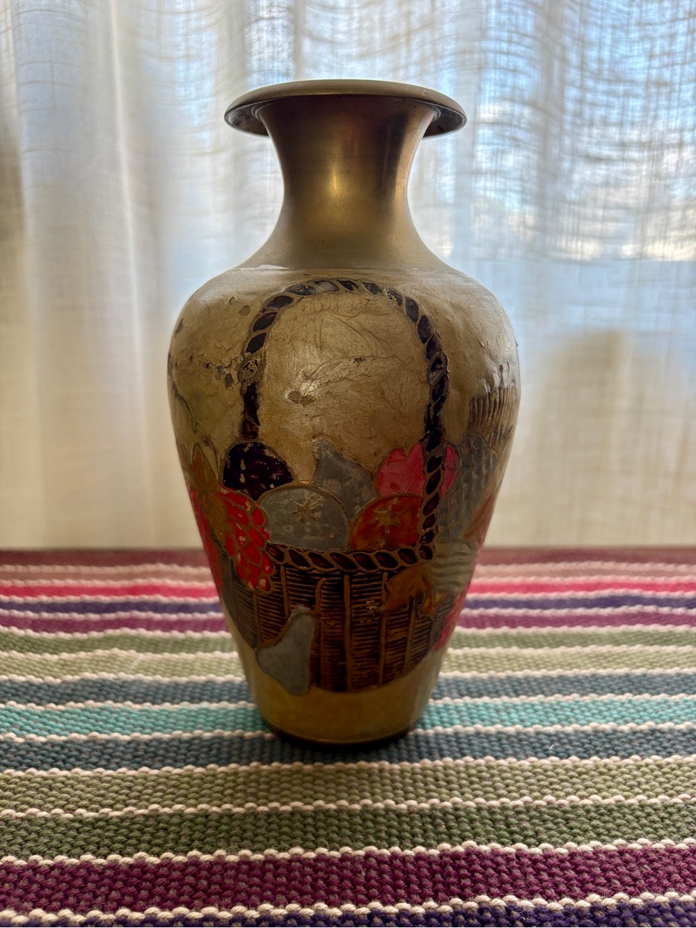 Vintage Enameled Brass Vase Hand Painted Flowers Fruit Boho Chinoiserie Style